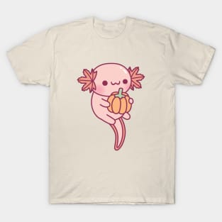 Cute Axolotl With Pumpkin Autumn Leaves Gills T-Shirt